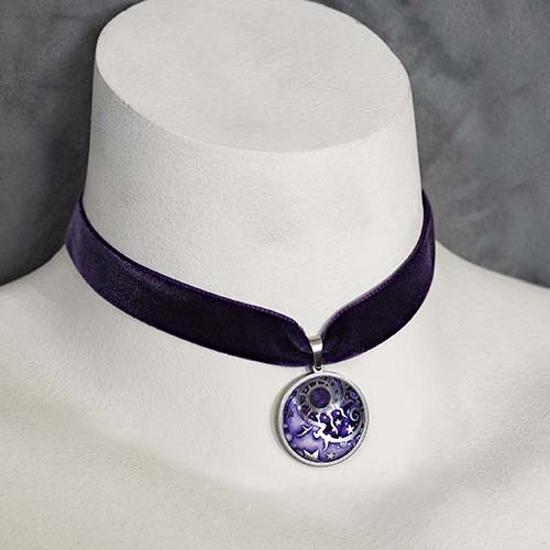 Man in the Moon Purple, Large Choker, Silver-tone, Glass, stainless Steel, velvet