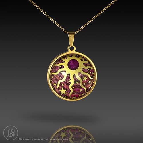 Celestial Sun Magenta Pendant, Glass, Gold-plated Stainless Steel